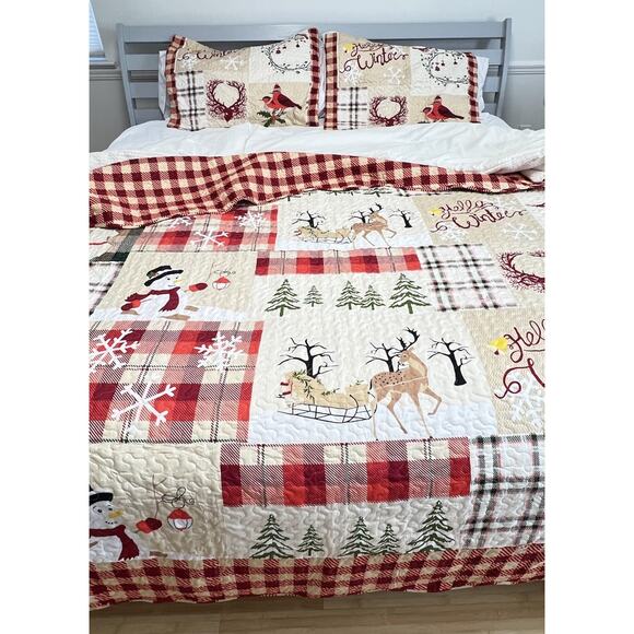 MarCielo Luxury Christmas Queen Patchwork Quilt Pillow Shams 3 piece Set Plaid - Picture 2 of 11